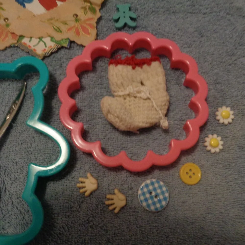 VINTAGE DOLL BIB, OLD VALENTINE, BABY SPOON, STOCKING, COOKIE CUTT, BUTTONS LOT